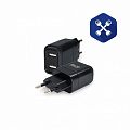 Зарядное устройство 220В - USB 2.0 (2 порта, 2.4A, черное) ("AVS")